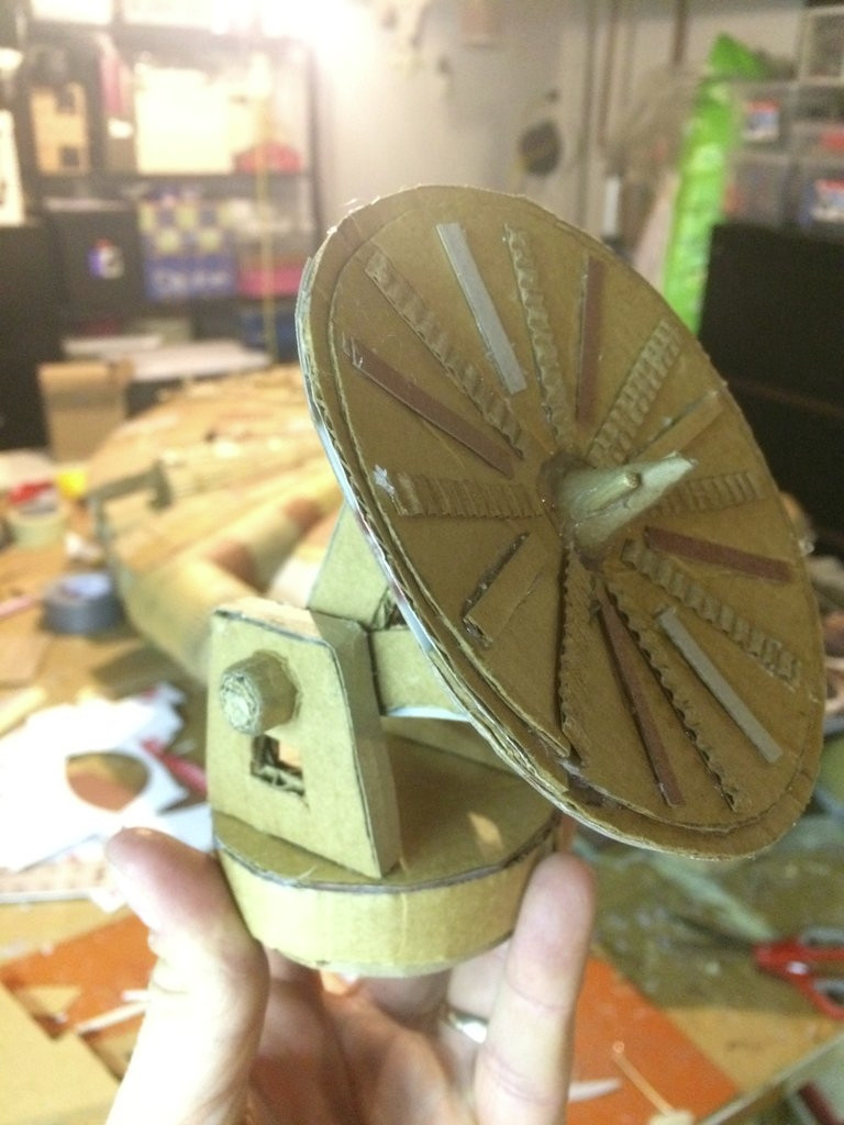 0nf034N - Imgur The radar dish was fun to make. It does swivel and turn freely. Everything is made out of cardboard, and some balsa wood for the pipes running along the hull of the ship.